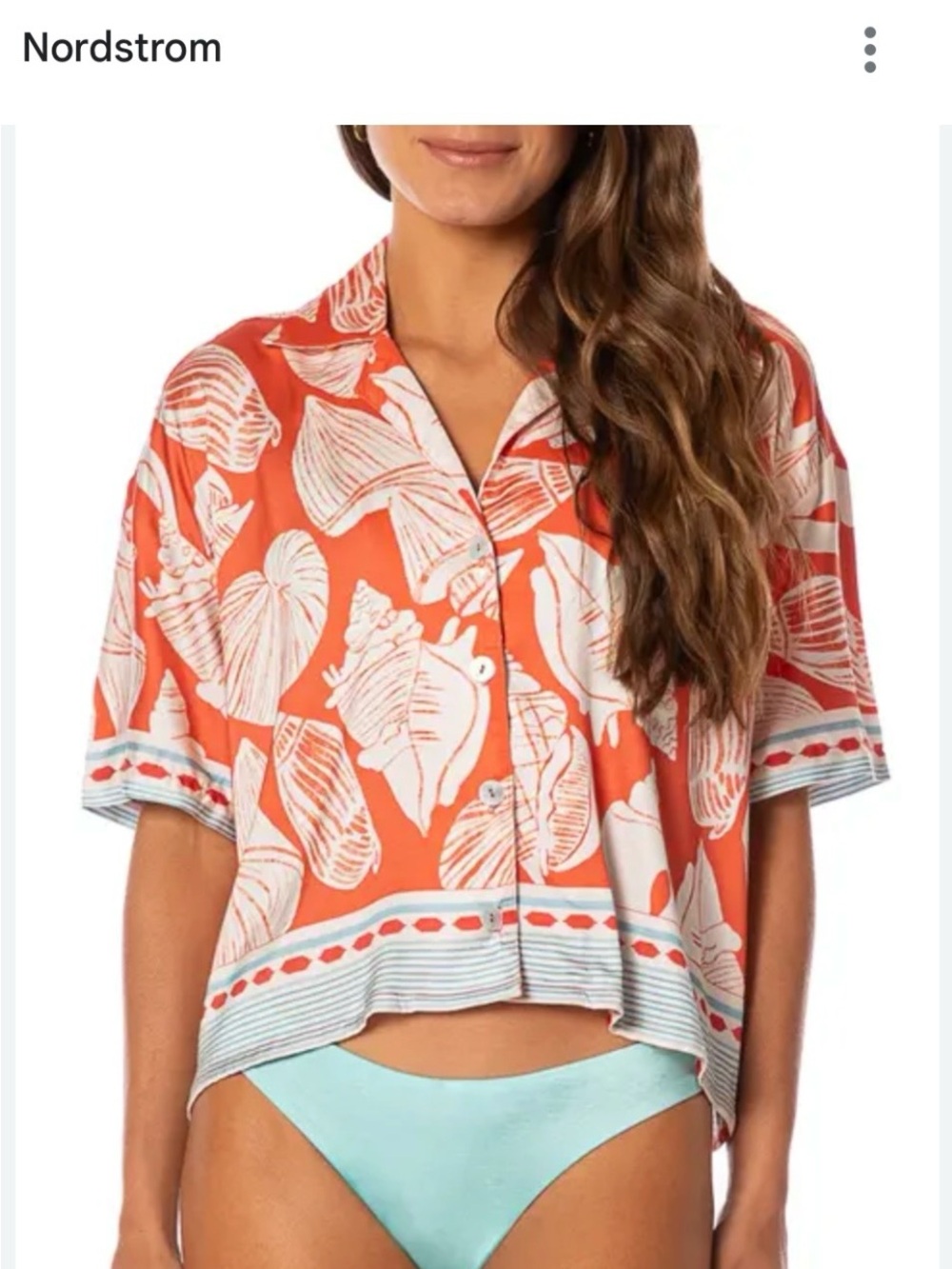 Button Front Orange Shell-Print Cropped Shirt